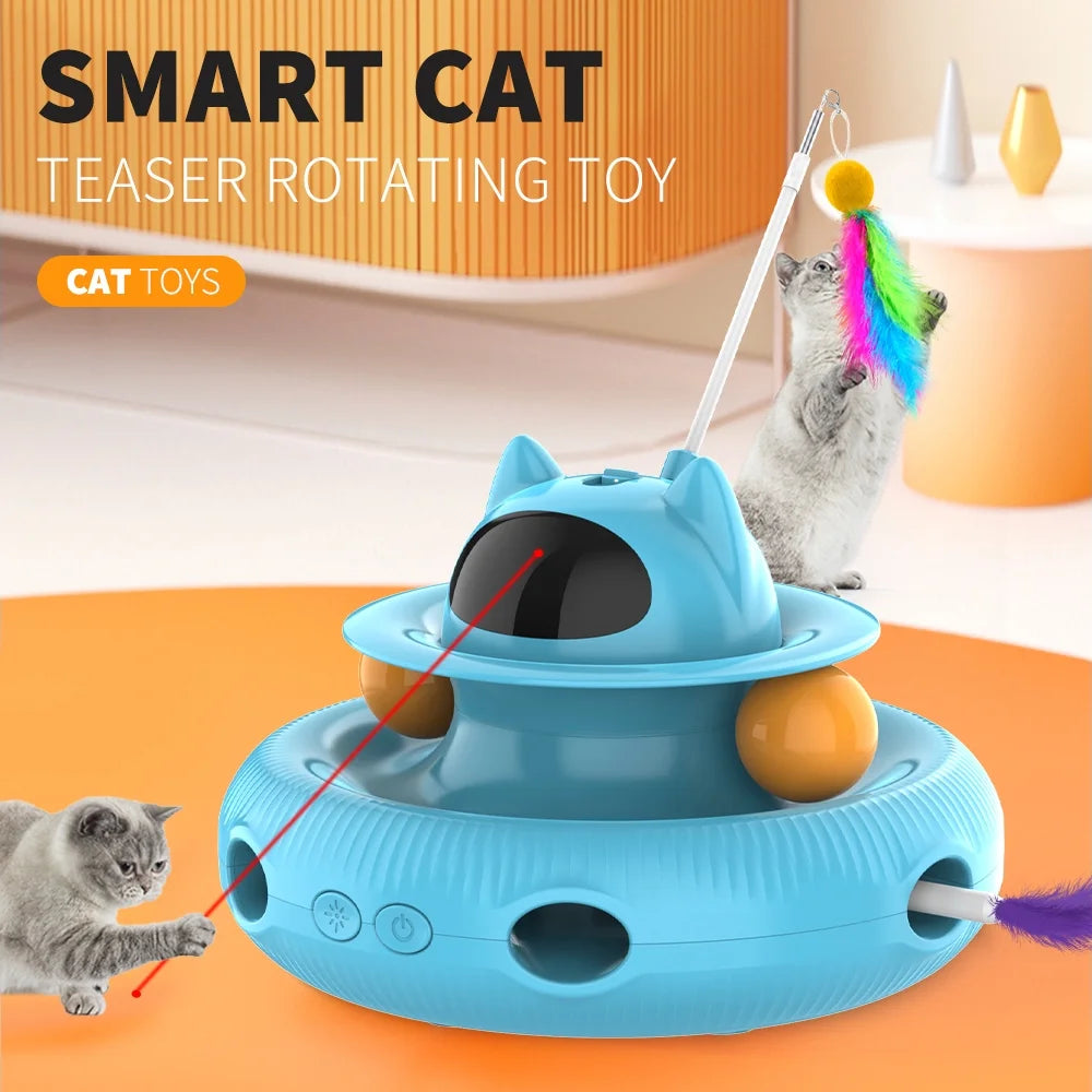 4 in 1 Indoor Interactive Cat Toy with Laser & Retractable Feather Wand, USB Rechargeable, Blue