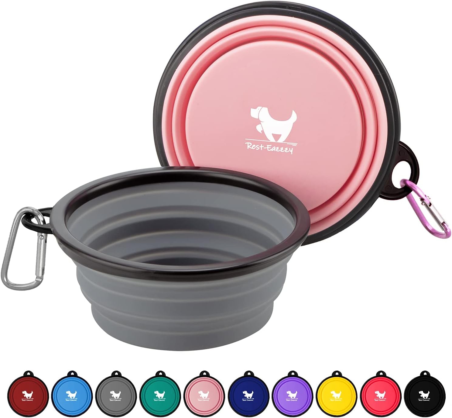 Collapsible Portable Dog Bowls for Travel - 2-Pack Medium BPA-Free Feeding and Watering Dishes with Carabiners (Grey & Pink)
