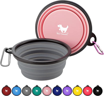 Collapsible Portable Dog Bowls for Travel - 2-Pack Medium BPA-Free Feeding and Watering Dishes with Carabiners (Grey & Pink)
