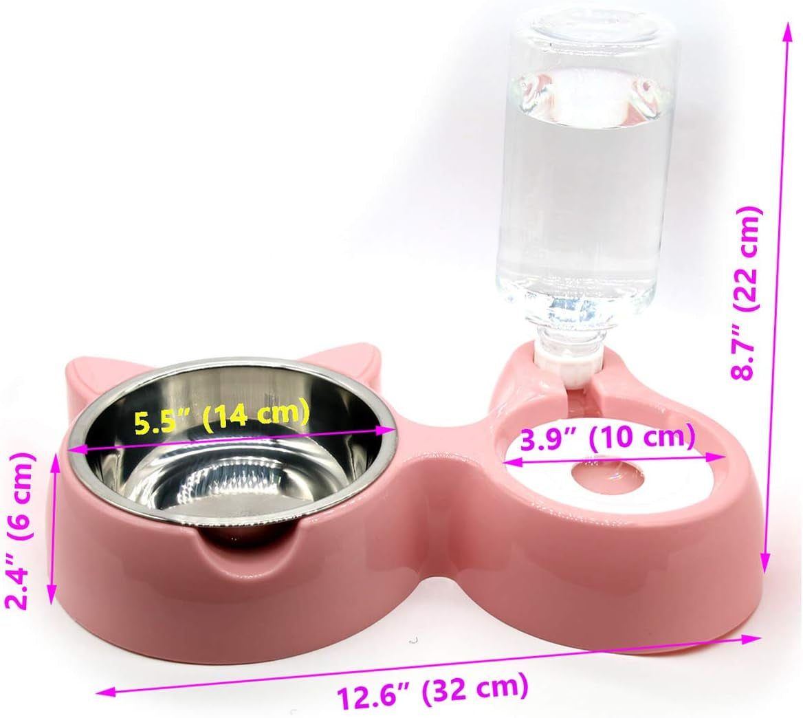 Double Bowl Water and Food Cat Feeder - Stainless Steel Bowl and Automatic Water Dispenser Bottle for Cats and Dogs