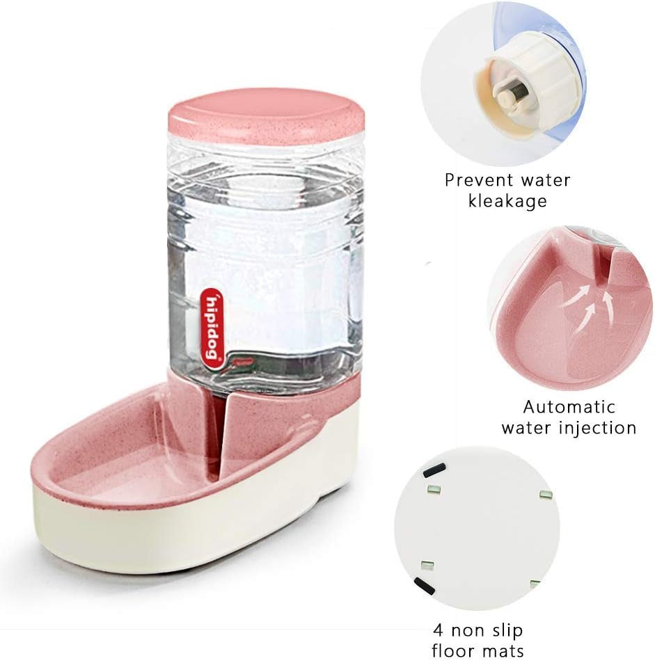 Automatic Cat Feeder Automatic Dog Water Dispenser 1 Gallon Double Bowl Design for Cats or Small Pets (Pink Water)