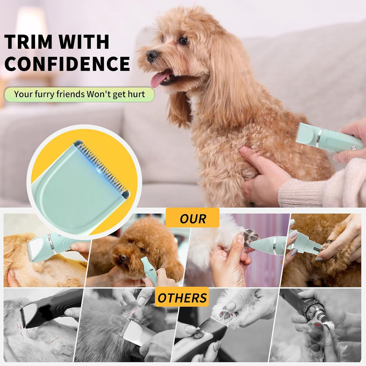 Dog Hair Clippers Grooming Kit and Paw Trimmer Nail Grinder Quiet,Dog Trimmer for Grooming,4-In-1 Rechargeable Cordless Low Noise Dog Shaver Grooming for Dogs Pets Cats(Green)