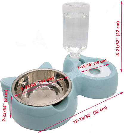 Double Bowl Water and Food Cat Feeder - Stainless Steel Bowl and Automatic Water Dispenser Bottle for Cats and Dogs