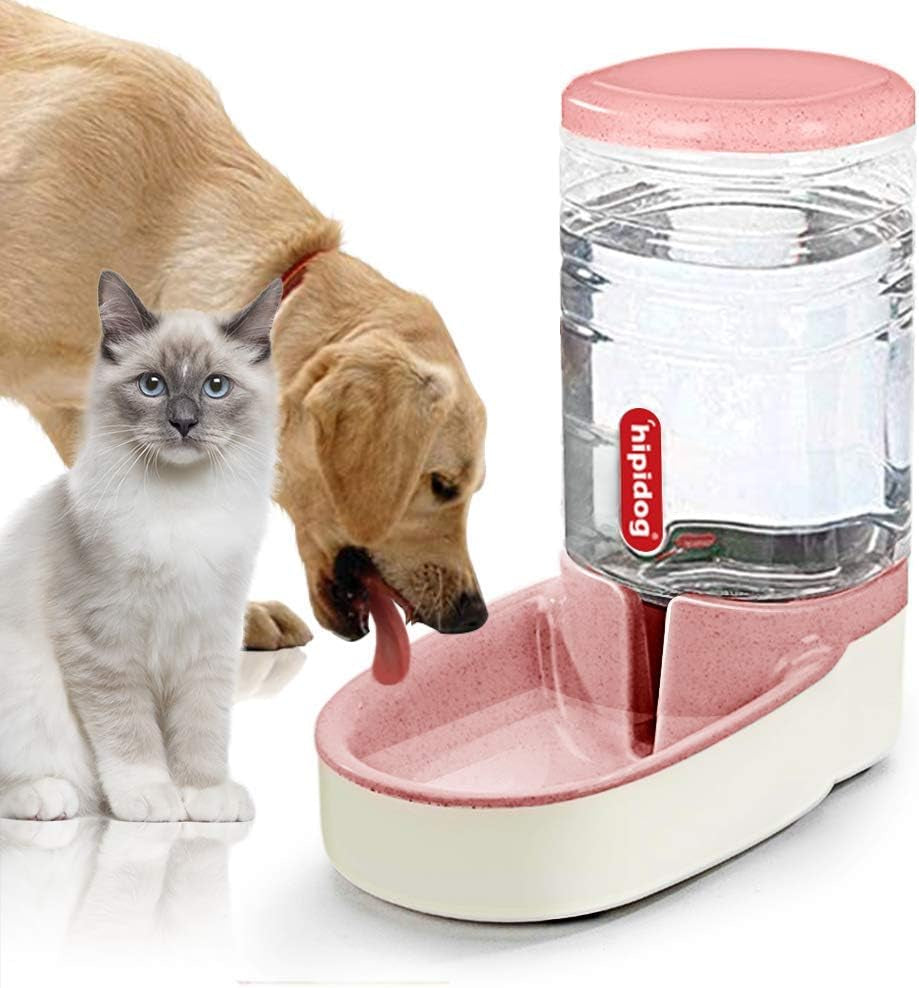 Automatic Cat Feeder Automatic Dog Water Dispenser 1 Gallon Double Bowl Design for Cats or Small Pets (Pink Water)