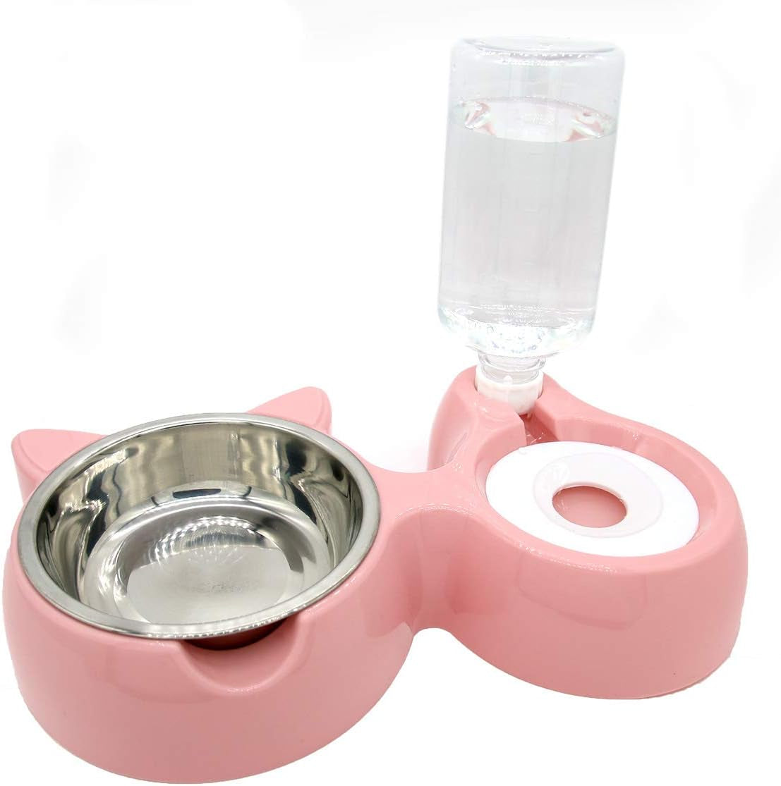 Double Bowl Water and Food Cat Feeder - Stainless Steel Bowl and Automatic Water Dispenser Bottle for Cats and Dogs
