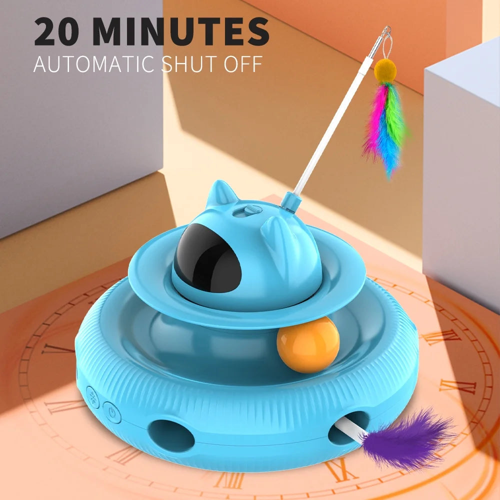 4 in 1 Indoor Interactive Cat Toy with Laser & Retractable Feather Wand, USB Rechargeable, Blue