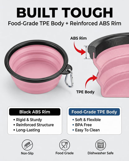 Collapsible Portable Dog Bowls for Travel - 2-Pack Medium BPA-Free Feeding and Watering Dishes with Carabiners (Grey & Pink)