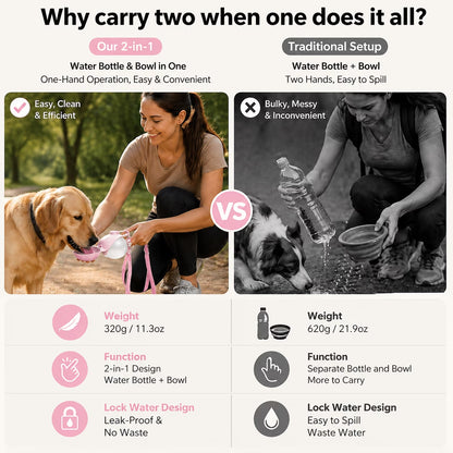 2 in 1 Portable Dog Water Bottle with Foldable Bowl, 10Oz Stainless Steel Pet Water Bottle for Dogs, Leak Proof Travel Dog Water Dispenser for Walking, Hiking, Camping & Travel