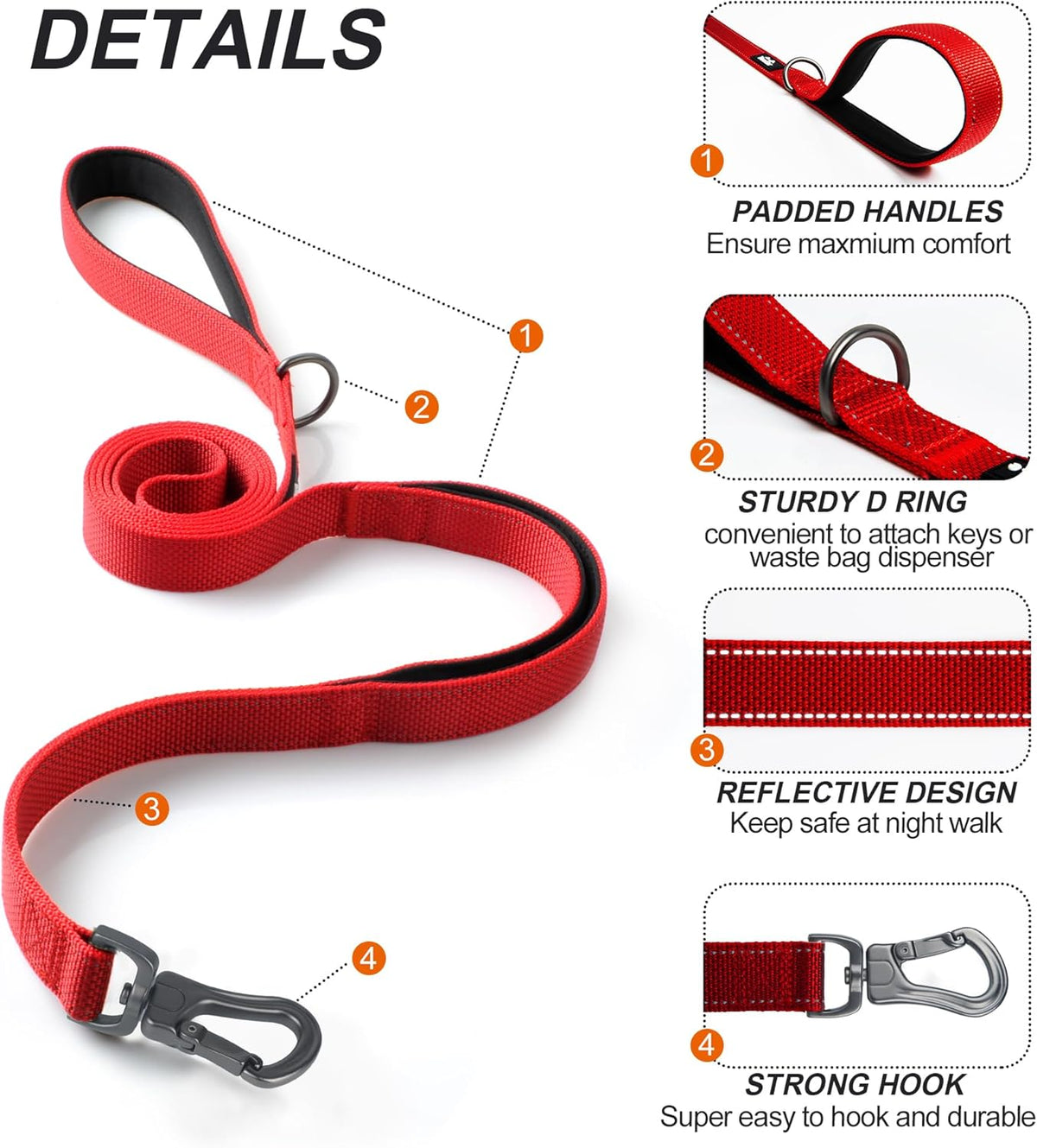 4FT 1IN Heavy Duty Dog Leash for Large Dogs with 2 Padded Handles