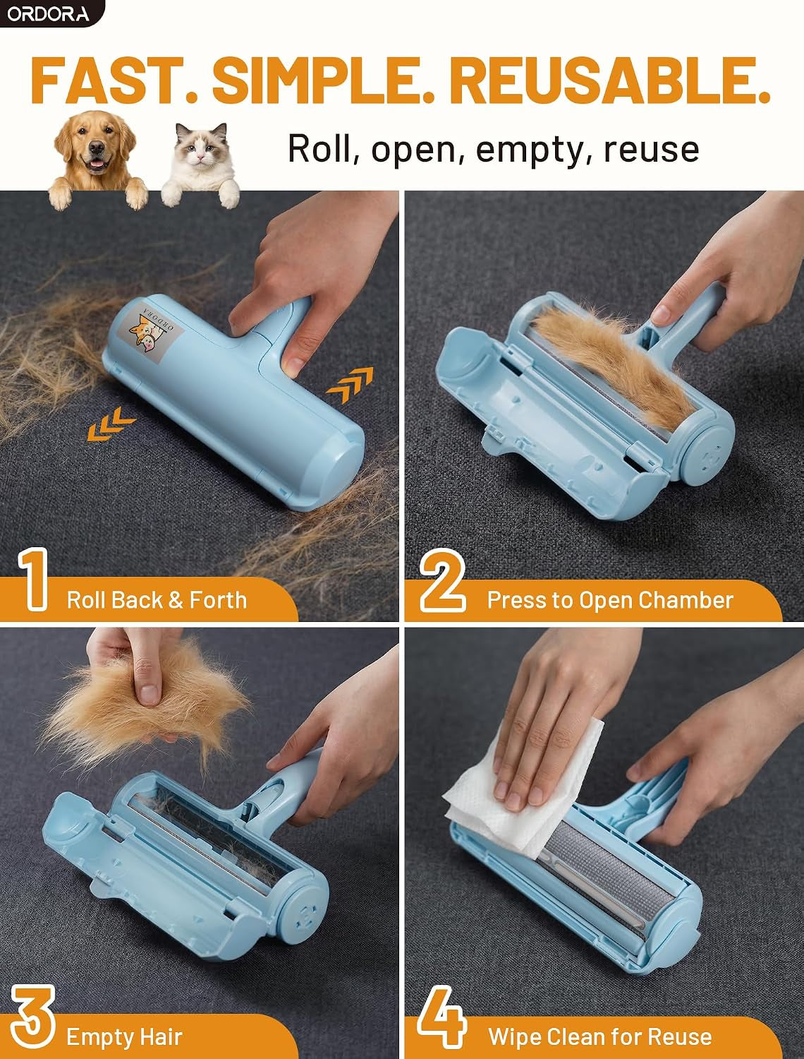 Pet Hair Removal Tool: Reusable Lint Roller for Pet Hair - Portable Pet Hair Remover - Dog and Cat Hair Remover for Couch, Bedding, Car, Rugs & Furniture, for Multi-Pet Homes (Blue)