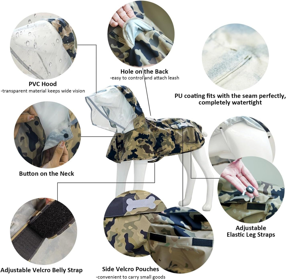 Waterproof Dog Raincoat, Adjustable Reflective Lightweight Pet Rain Clothes with Poncho Hood(Xx-Large,Camo)