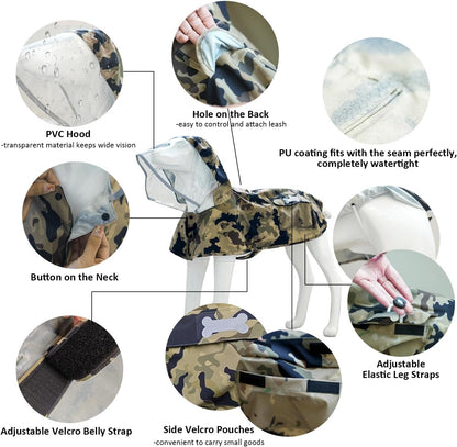 Waterproof Dog Raincoat, Adjustable Reflective Lightweight Pet Rain Clothes with Poncho Hood(Xx-Large,Camo)