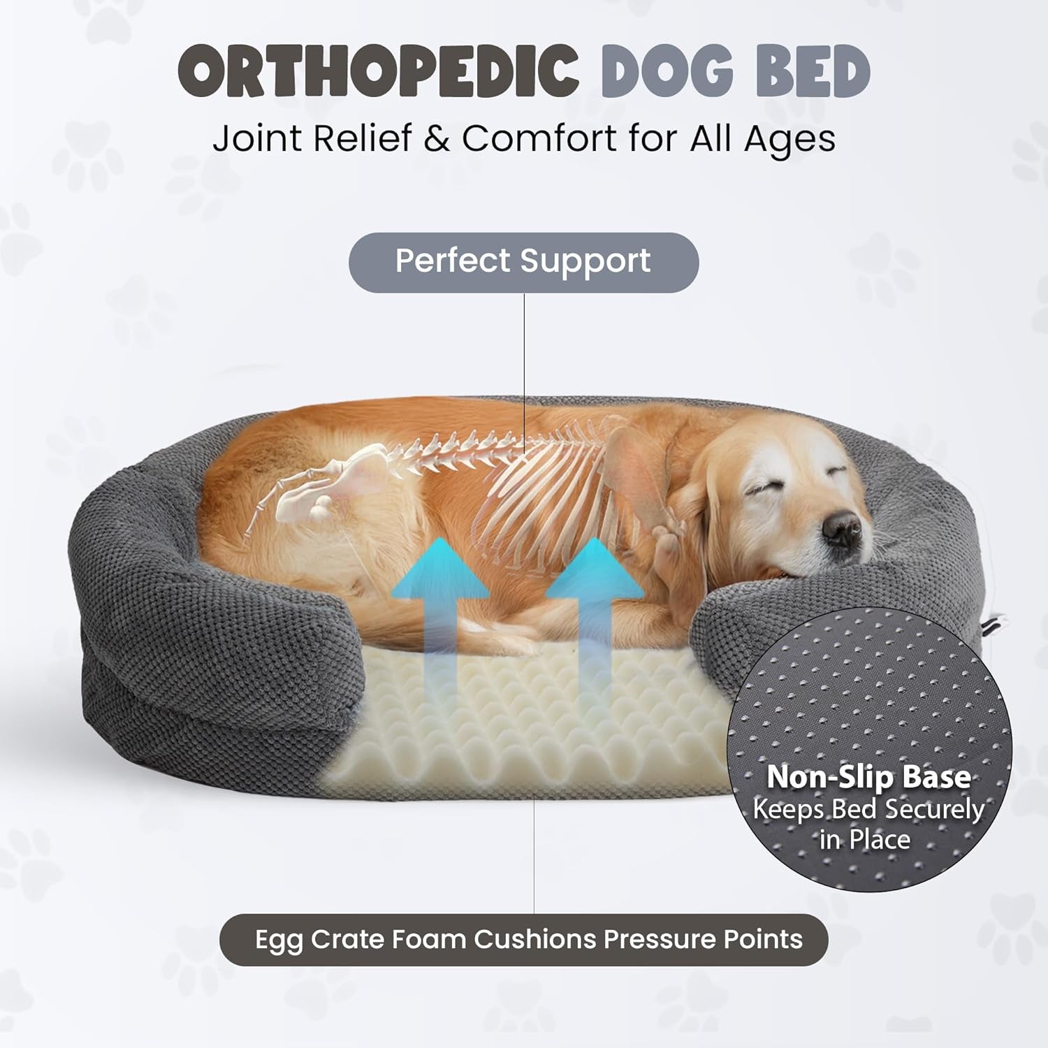 Orthopedic Memory Foam Dog Bed for Large Breeds, 48-Inch Oval Design with Removable Washable Cover, Bolstered Sides, and Non-Slip Bottom, Ideal for Senior Dogs, Gray