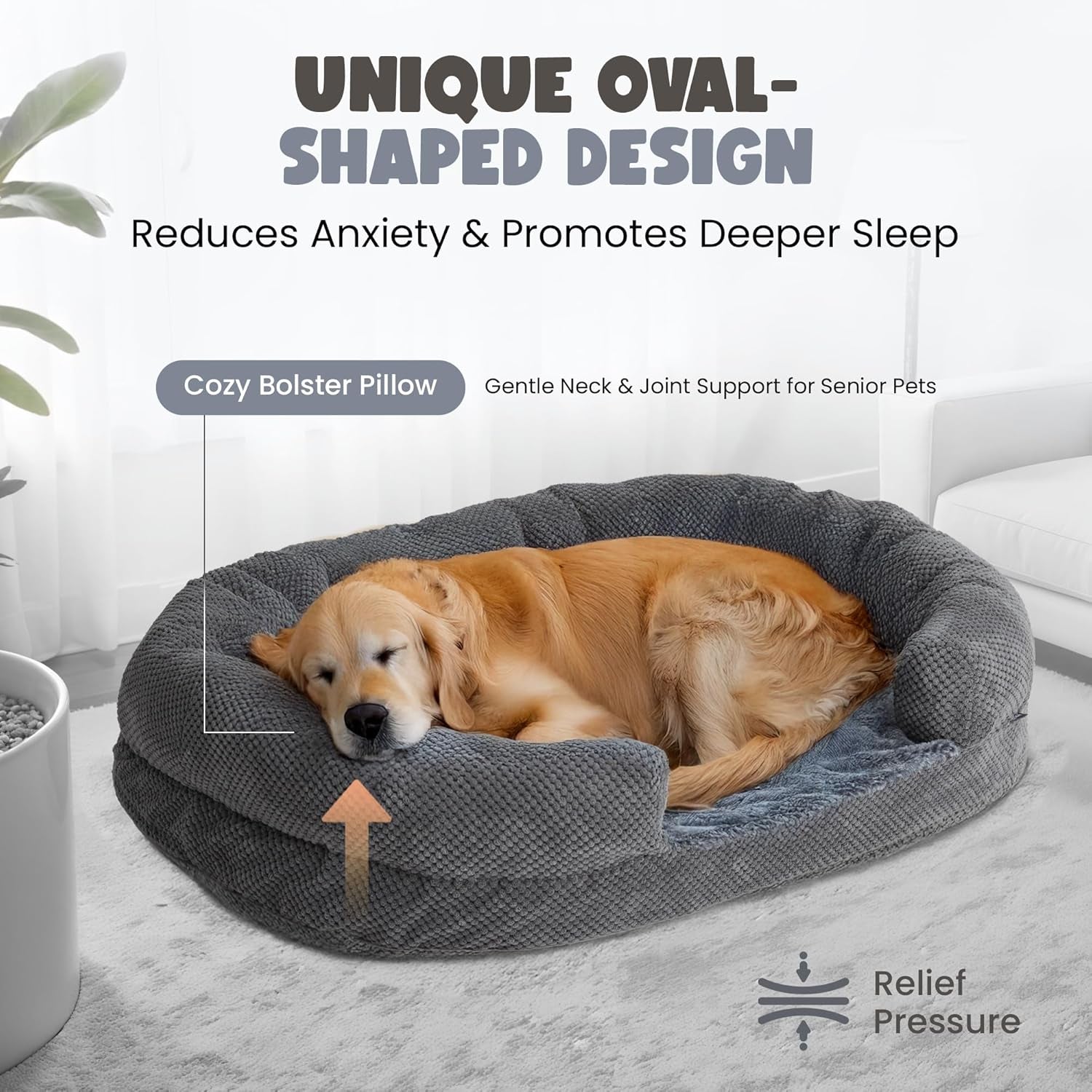 Orthopedic Memory Foam Dog Bed for Large Breeds, 48-Inch Oval Design with Removable Washable Cover, Bolstered Sides, and Non-Slip Bottom, Ideal for Senior Dogs, Gray