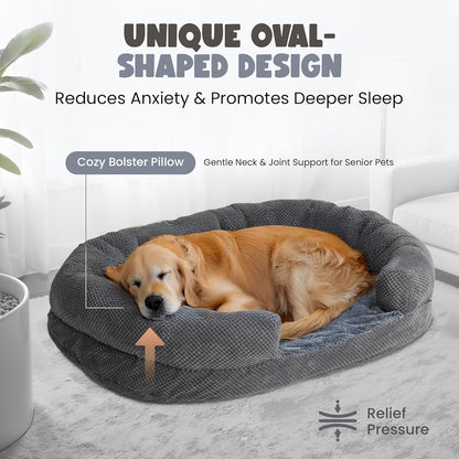 Orthopedic Memory Foam Dog Bed for Large Breeds, 48-Inch Oval Design with Removable Washable Cover, Bolstered Sides, and Non-Slip Bottom, Ideal for Senior Dogs, Gray