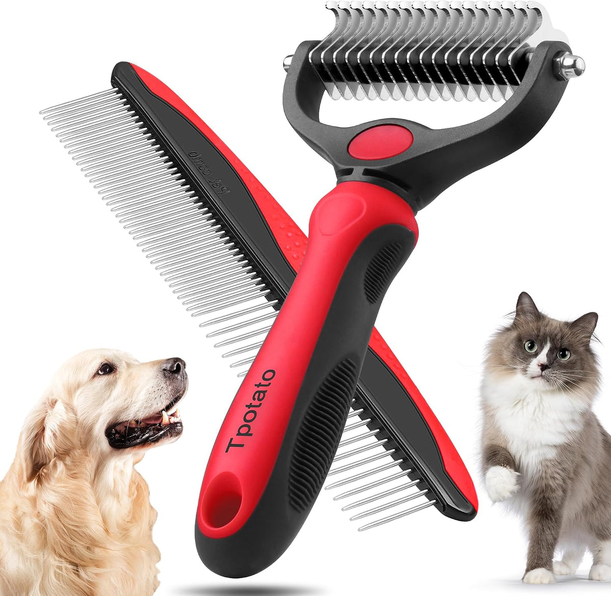 Tpotato Dog & Cat Deshedding Brush + Comb Set – Red
