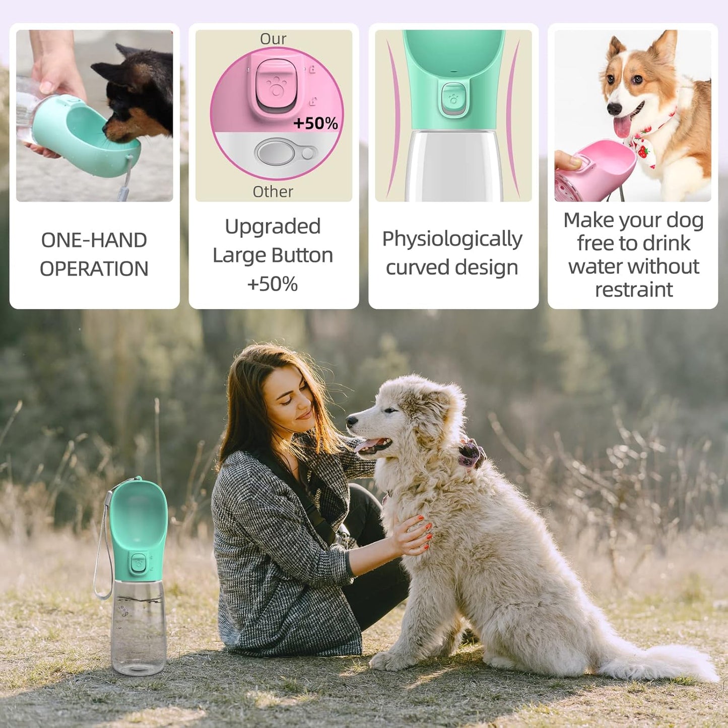 Portable Dog Water Bottle, Leak-Proof Dog Travel Water Bottle with Drinking Bowl, Lightweight Portable Pet Water Bottle Dispenser for Outdoor Walking, Hiking, Beach, Food Grade Plastic 18.5Oz