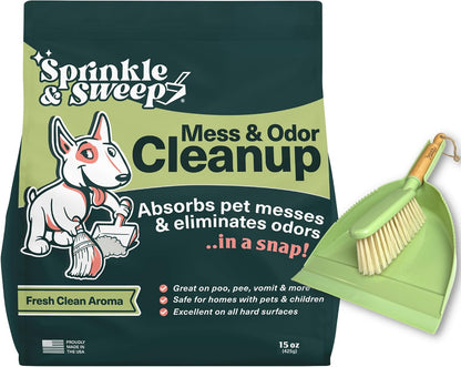 : Pet Mess & Odor Cleanup Duo - 15Oz Bag & Dustpan Broom - Dog Accident Clumping Powder, Remove Urine-Poop-Vomit from Hard Services