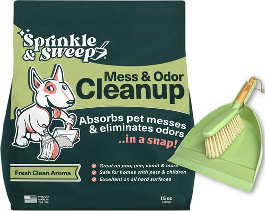 : Pet Mess & Odor Cleanup Duo - 15Oz Bag & Dustpan Broom - Dog Accident Clumping Powder, Remove Urine-Poop-Vomit from Hard Services