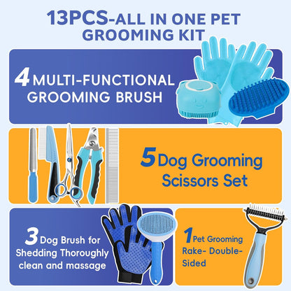 Dog Brush for Shedding 13Pcs Bath Grooming Kit with Pet Nail Clipper and File - Dog Bath Brush Cat Grooming Supplies, Dematting Comb Bath Brush Shampoo Scrubber for Dogs and Cats