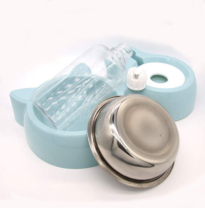 Double Bowl Water and Food Cat Feeder - Stainless Steel Bowl and Automatic Water Dispenser Bottle for Cats and Dogs