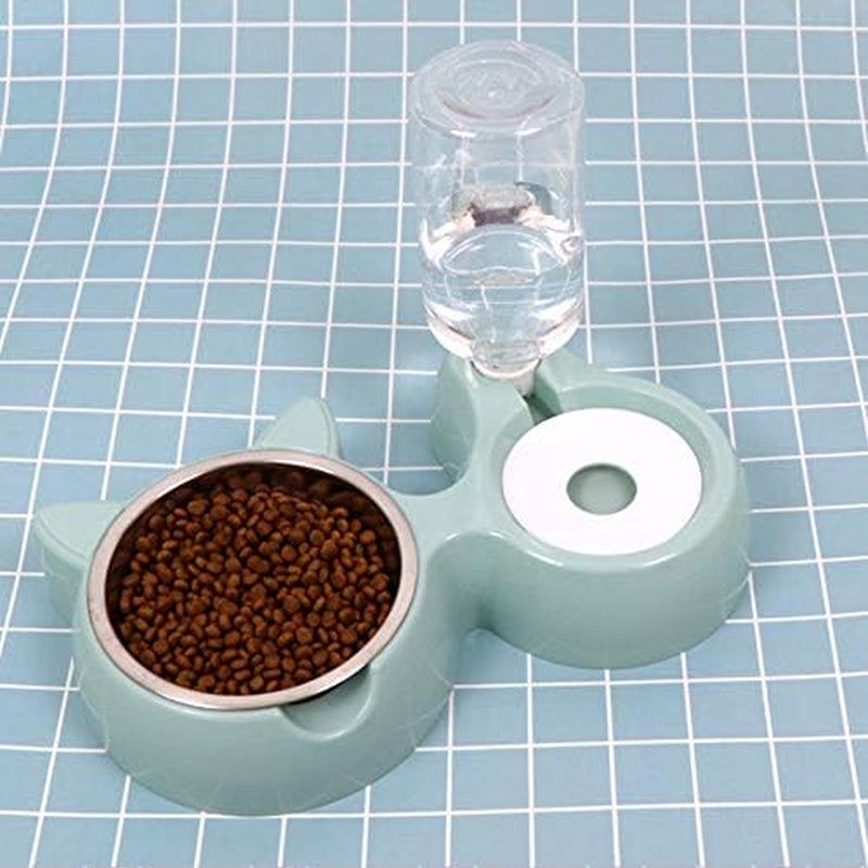 Double Bowl Water and Food Cat Feeder - Stainless Steel Bowl and Automatic Water Dispenser Bottle for Cats and Dogs