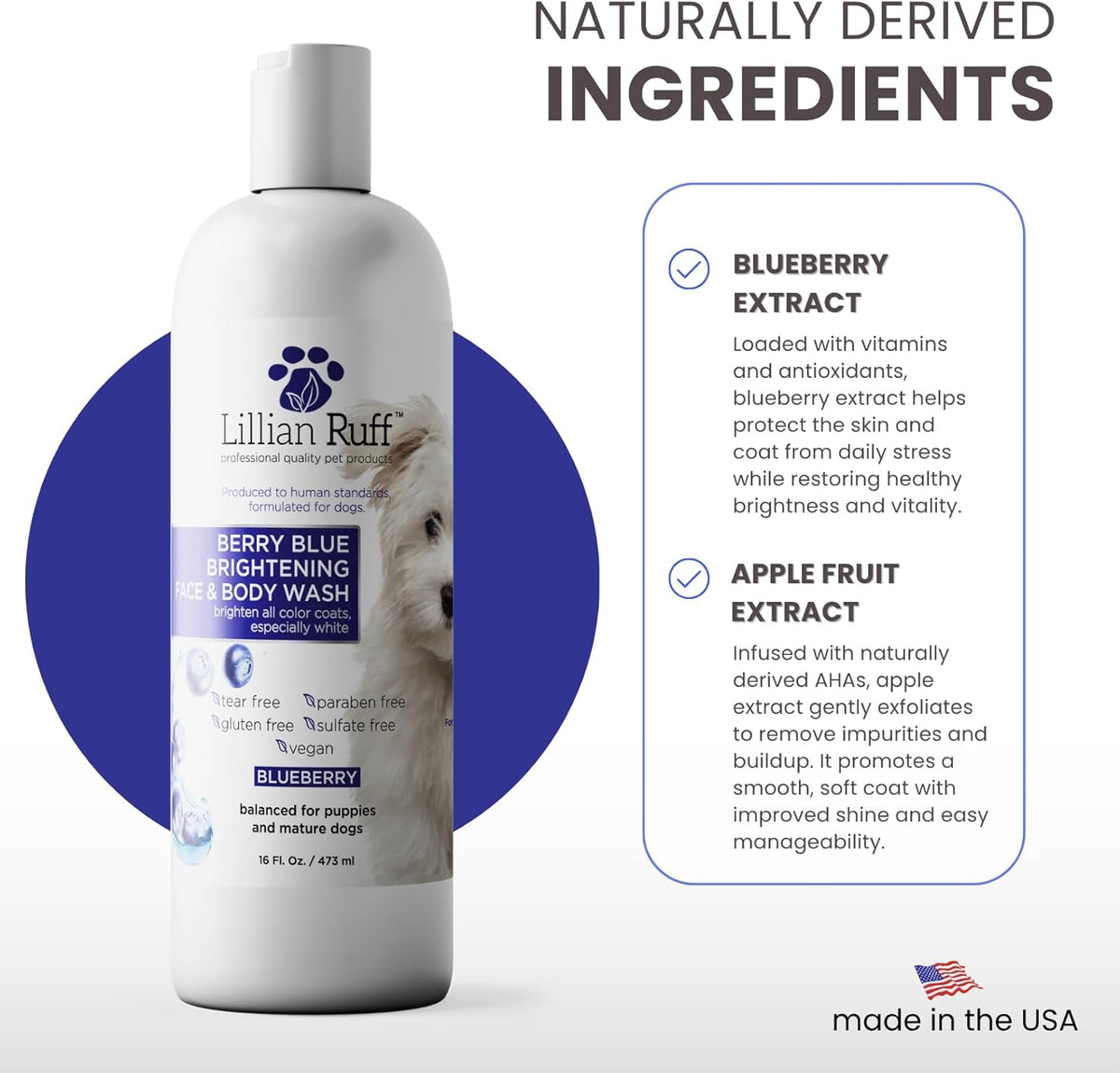 PRO Formula Berry Blue Brightening Pet Shampoo - Ultra-Hydrating Professional Whitening Dog Shampoo, Vivid Show-Quality Coat Enhancer, Tear Stain & Odor Eliminator with Provitamin B5 16Oz