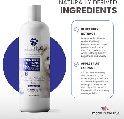 PRO Formula Berry Blue Brightening Pet Shampoo - Ultra-Hydrating Professional Whitening Dog Shampoo, Vivid Show-Quality Coat Enhancer, Tear Stain & Odor Eliminator with Provitamin B5 16Oz
