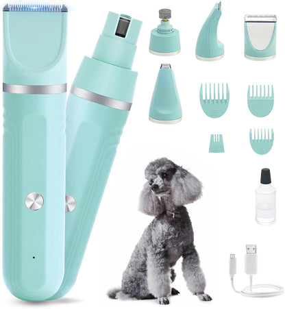 Dog Hair Clippers Grooming Kit and Paw Trimmer Nail Grinder Quiet,Dog Trimmer for Grooming,4-In-1 Rechargeable Cordless Low Noise Dog Shaver Grooming for Dogs Pets Cats(Green)