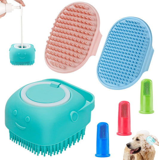 3-In-1 Dog Grooming Brush | Adjustable Handle Shampoo Brush & Scrubber for Short & Long Haired Dogs & Cats (Blue Pink Blue)