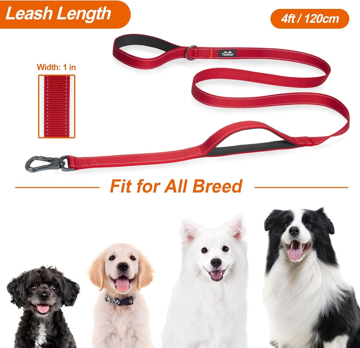 4FT 1IN Heavy Duty Dog Leash for Large Dogs with 2 Padded Handles