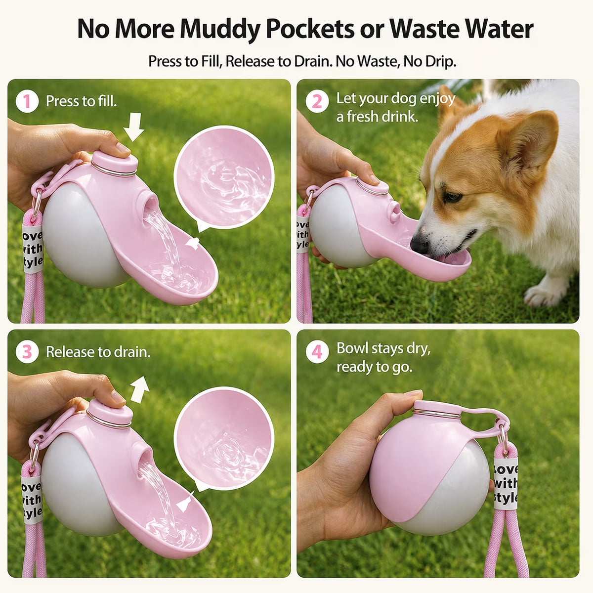 2 in 1 Portable Dog Water Bottle with Foldable Bowl, 10Oz Stainless Steel Pet Water Bottle for Dogs, Leak Proof Travel Dog Water Dispenser for Walking, Hiking, Camping & Travel