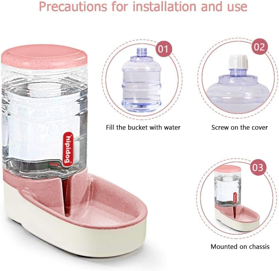 Automatic Cat Feeder Automatic Dog Water Dispenser 1 Gallon Double Bowl Design for Cats or Small Pets (Pink Water)