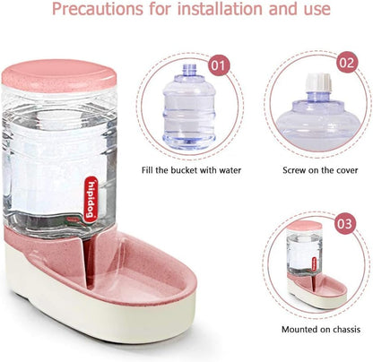 Automatic Cat Feeder Automatic Dog Water Dispenser 1 Gallon Double Bowl Design for Cats or Small Pets (Pink Water)