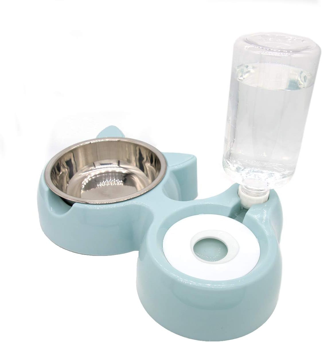 Double Bowl Water and Food Cat Feeder - Stainless Steel Bowl and Automatic Water Dispenser Bottle for Cats and Dogs