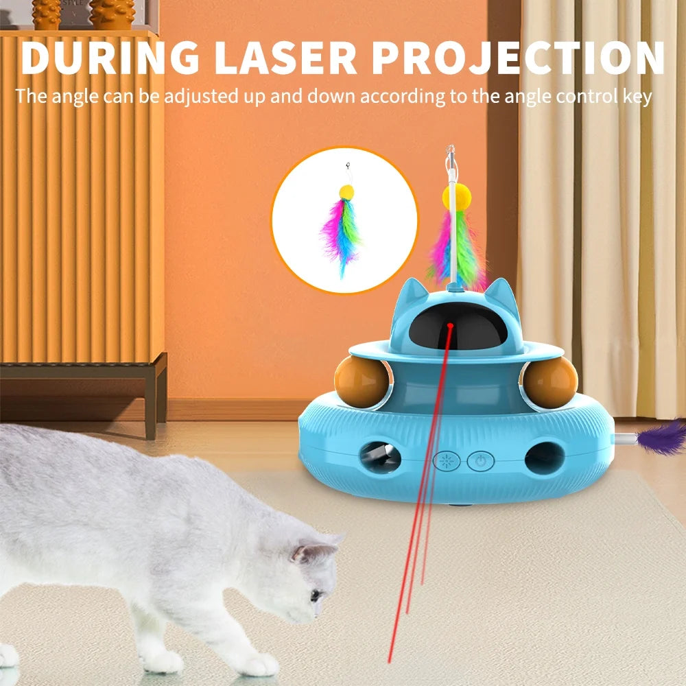 4 in 1 Indoor Interactive Cat Toy with Laser & Retractable Feather Wand, USB Rechargeable, Blue