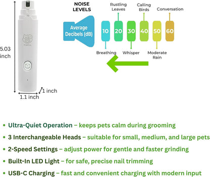 Dog Nail Grinder with LED Light – Quiet Rechargeable Pet Nail Trimmer for Small Medium Large Dogs & Cats, 2 Speed Electric Grinder, 3 Grinding Ports, Low Noise Grooming Tool ()