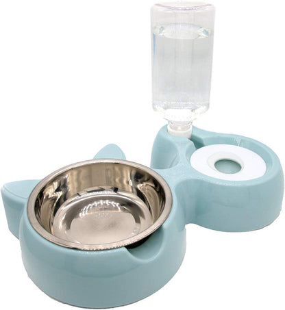 Double Bowl Water and Food Cat Feeder - Stainless Steel Bowl and Automatic Water Dispenser Bottle for Cats and Dogs