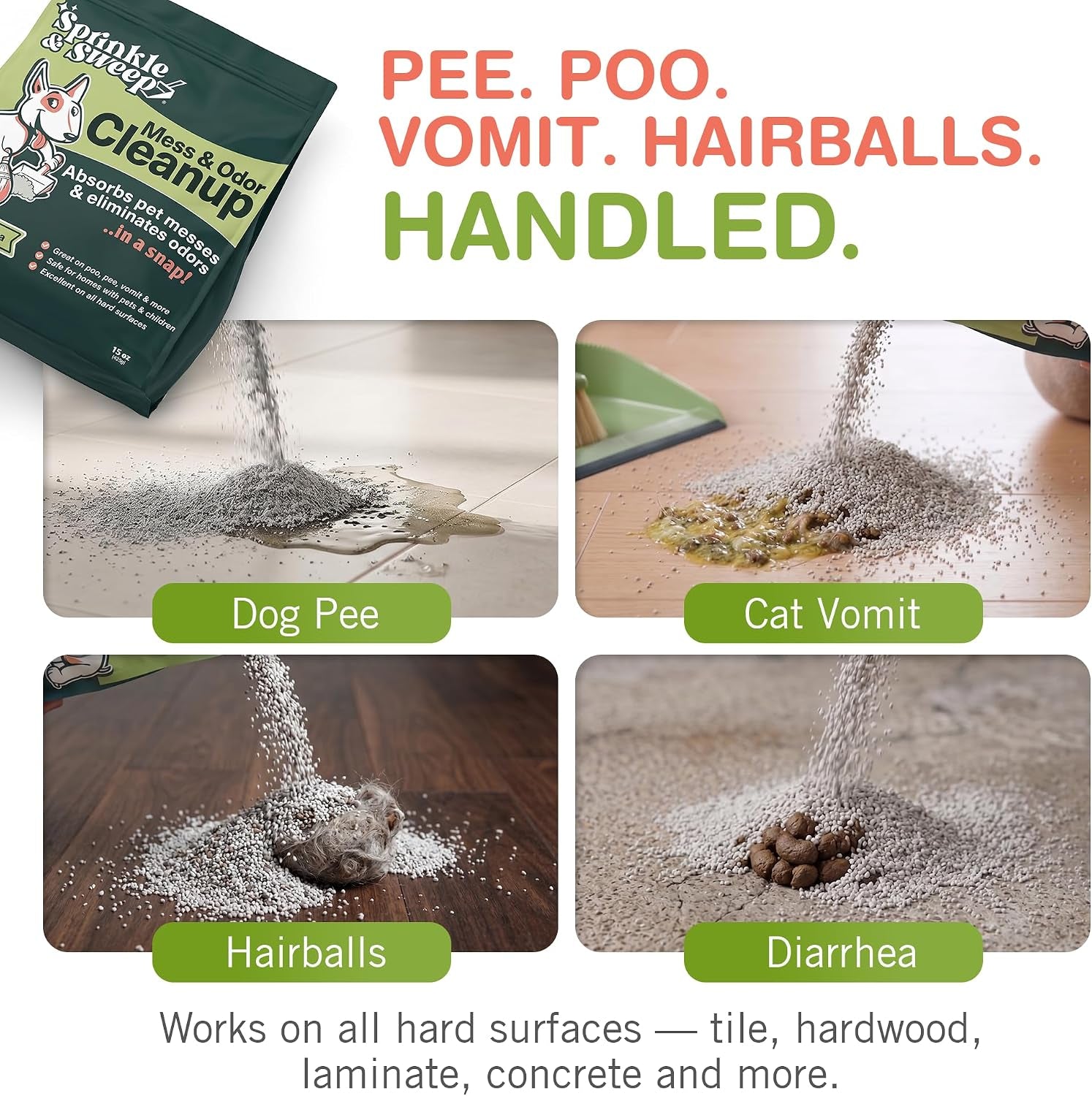: Pet Mess & Odor Cleanup Duo - 15Oz Bag & Dustpan Broom - Dog Accident Clumping Powder, Remove Urine-Poop-Vomit from Hard Services