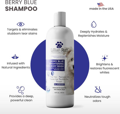 PRO Formula Berry Blue Brightening Pet Shampoo - Ultra-Hydrating Professional Whitening Dog Shampoo, Vivid Show-Quality Coat Enhancer, Tear Stain & Odor Eliminator with Provitamin B5 16Oz
