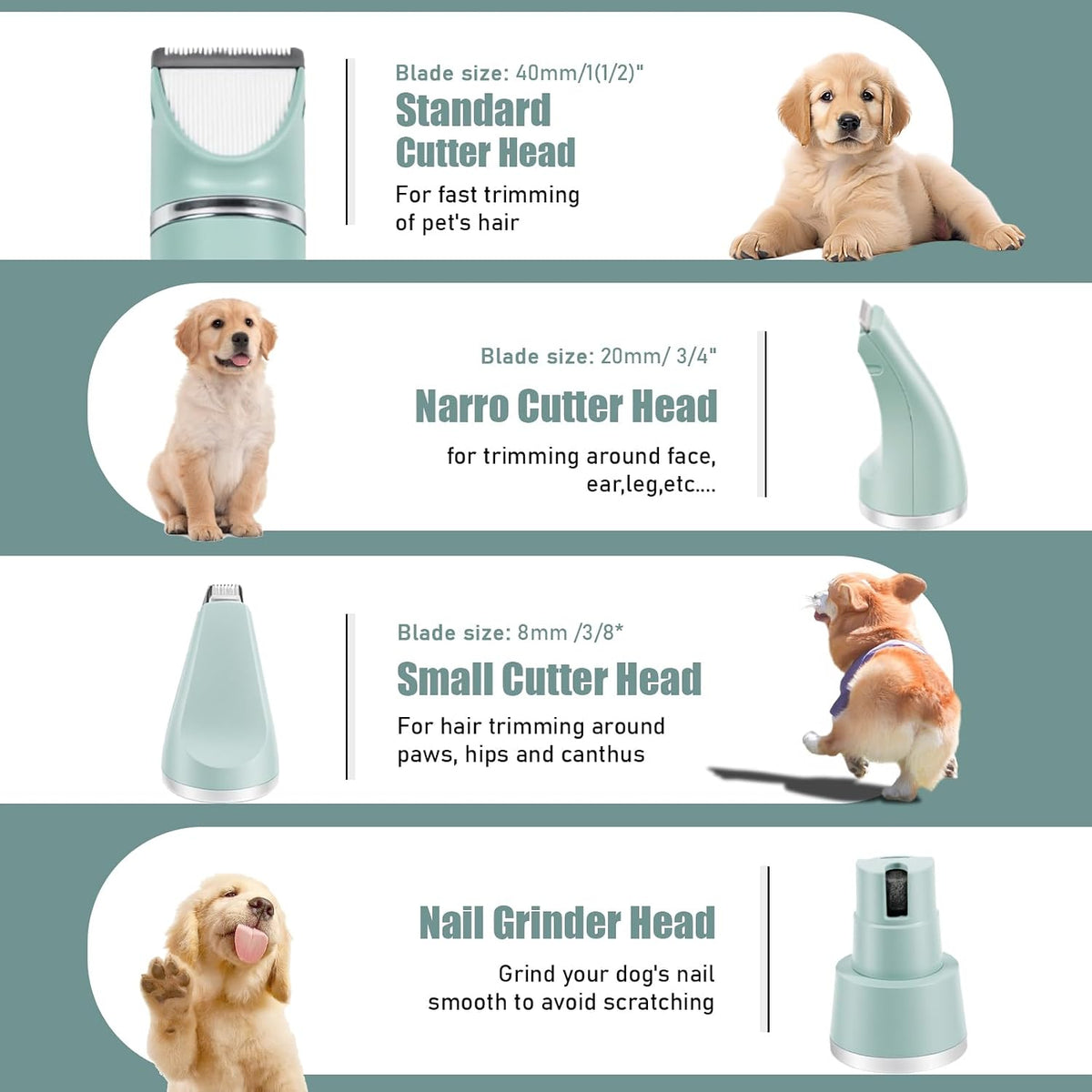 Dog Hair Clippers Grooming Kit and Paw Trimmer Nail Grinder Quiet,Dog Trimmer for Grooming,4-In-1 Rechargeable Cordless Low Noise Dog Shaver Grooming for Dogs Pets Cats(Green)