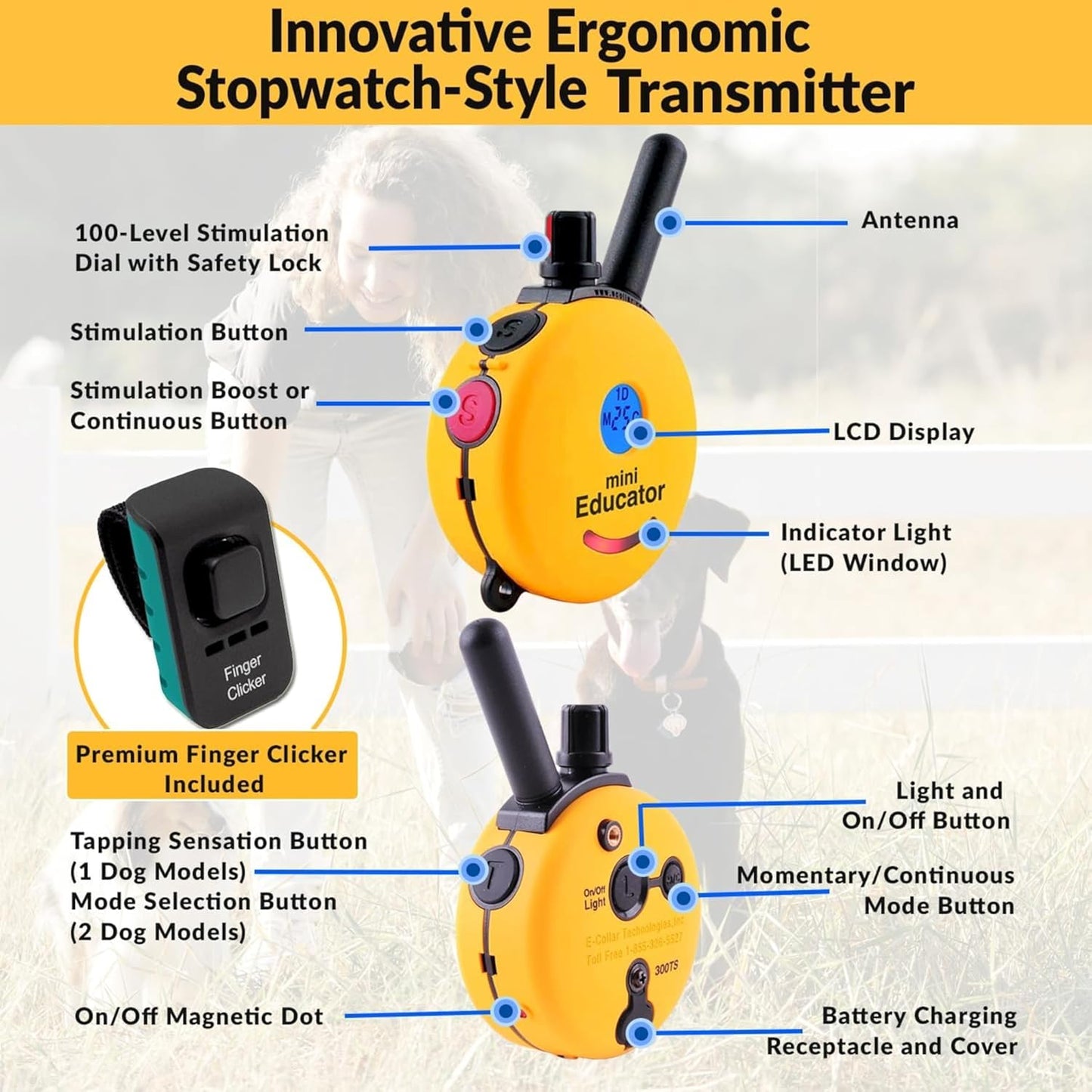 E-Collar ET-300 Mini  Dog Training Collar & Finger Clicker, Yellow