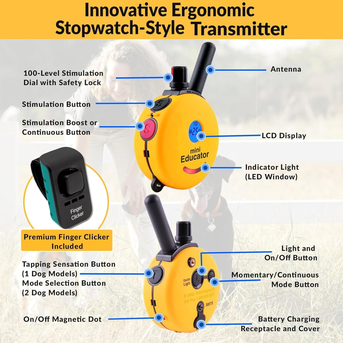 E-Collar ET-300 Mini  Dog Training Collar & Finger Clicker, Yellow